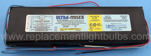 Powerlighting E296PI120G11 Ultra-Miser 120V 2 F96T12/IS/60W, F96T12/IS/75W, F60, F64, F72 and F84T12/IS or 1 F84T12/IS F96T12 or 60W 8' T12 Fluorescent Lamp Ballast