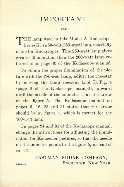 Kodascope Model A Series K 50V 250W Instruction Sheet